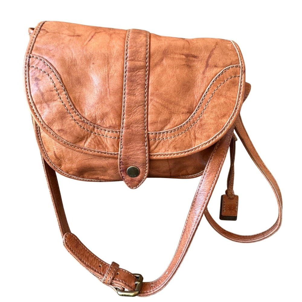 Frye Leather Crossbody Saddle Bag Cognac Brown Distressed Small